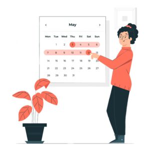 Grafik: Frau plant Termine am Wandkalender - Organisation von Sprachtrainings